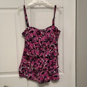 A SHORE FIT Pattern Ruffled Layer Look Tankini Top Size 12 in Great Condition